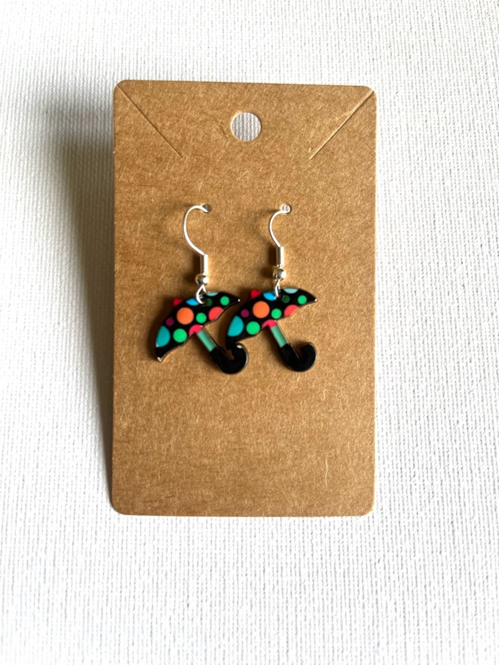 2/$15- Cute Umbrella Drop Earrings - Black with Multicolor Polka Dots Handmade